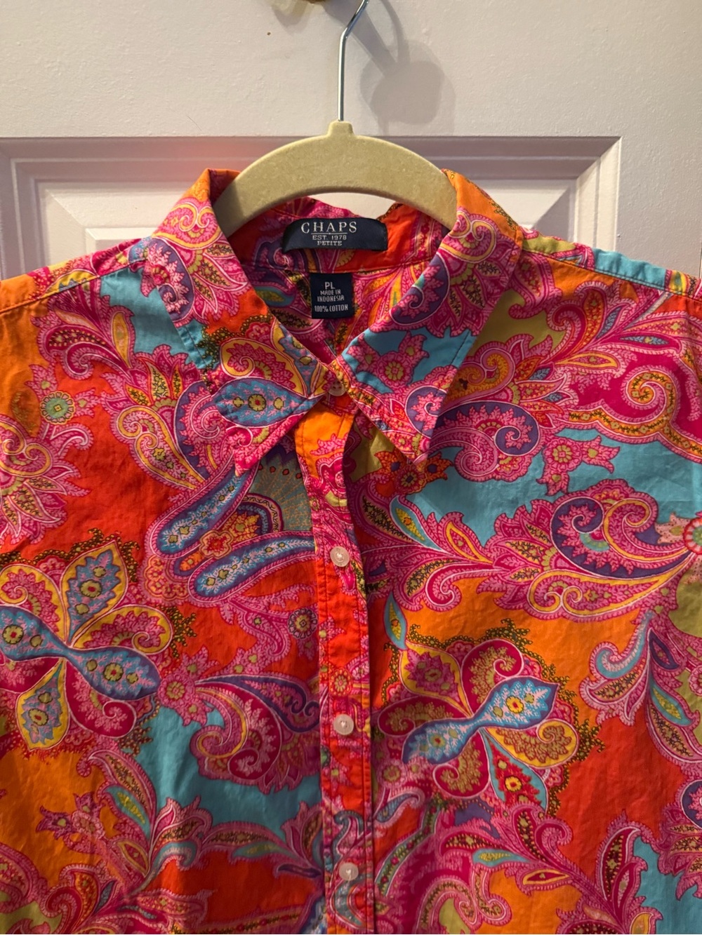 Chaps Women's Bright Paisley Button-Down Shirt in Pink, Orange & Blue - Picture 2 of 3